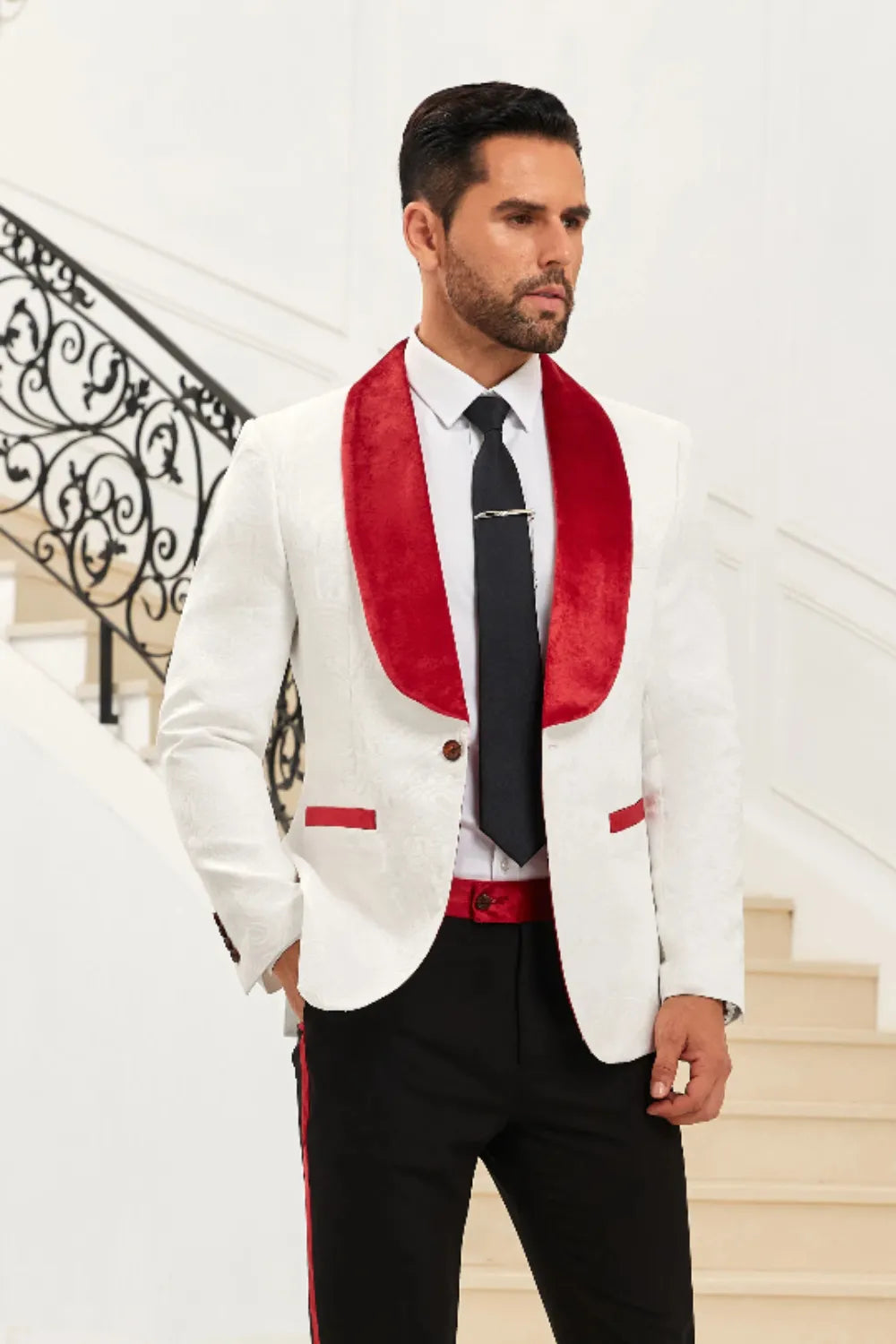Men's Red Shawl Collar One-Button Blazer