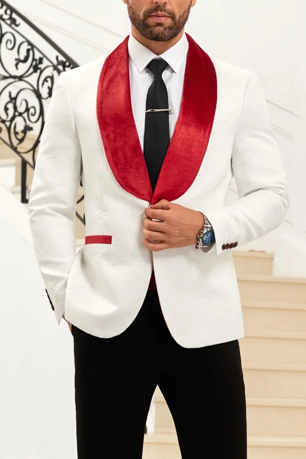 Men's Red Shawl Collar One-Button Blazer