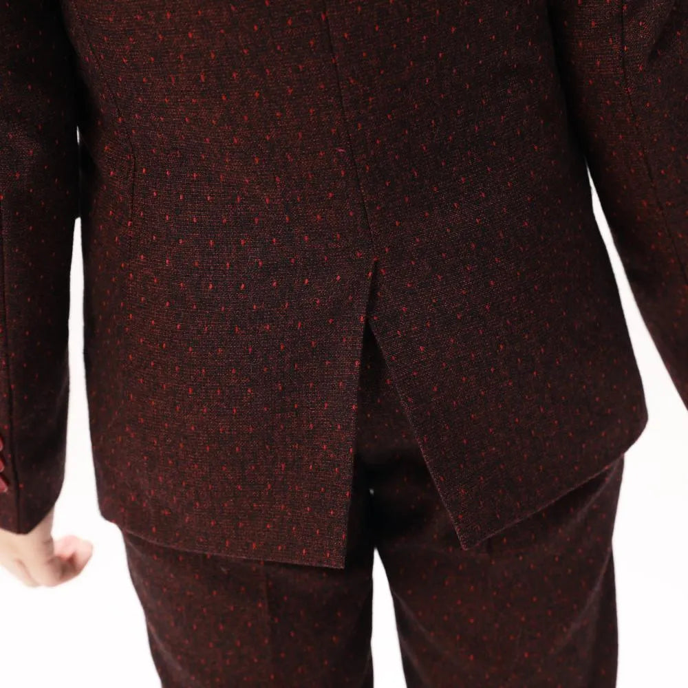 Burgundy boys' blazer back: Red polka dot pattern, single vent design for party banquets