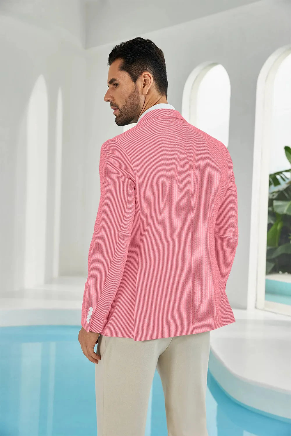 Red-white seersucker striped men's summer blazer back display