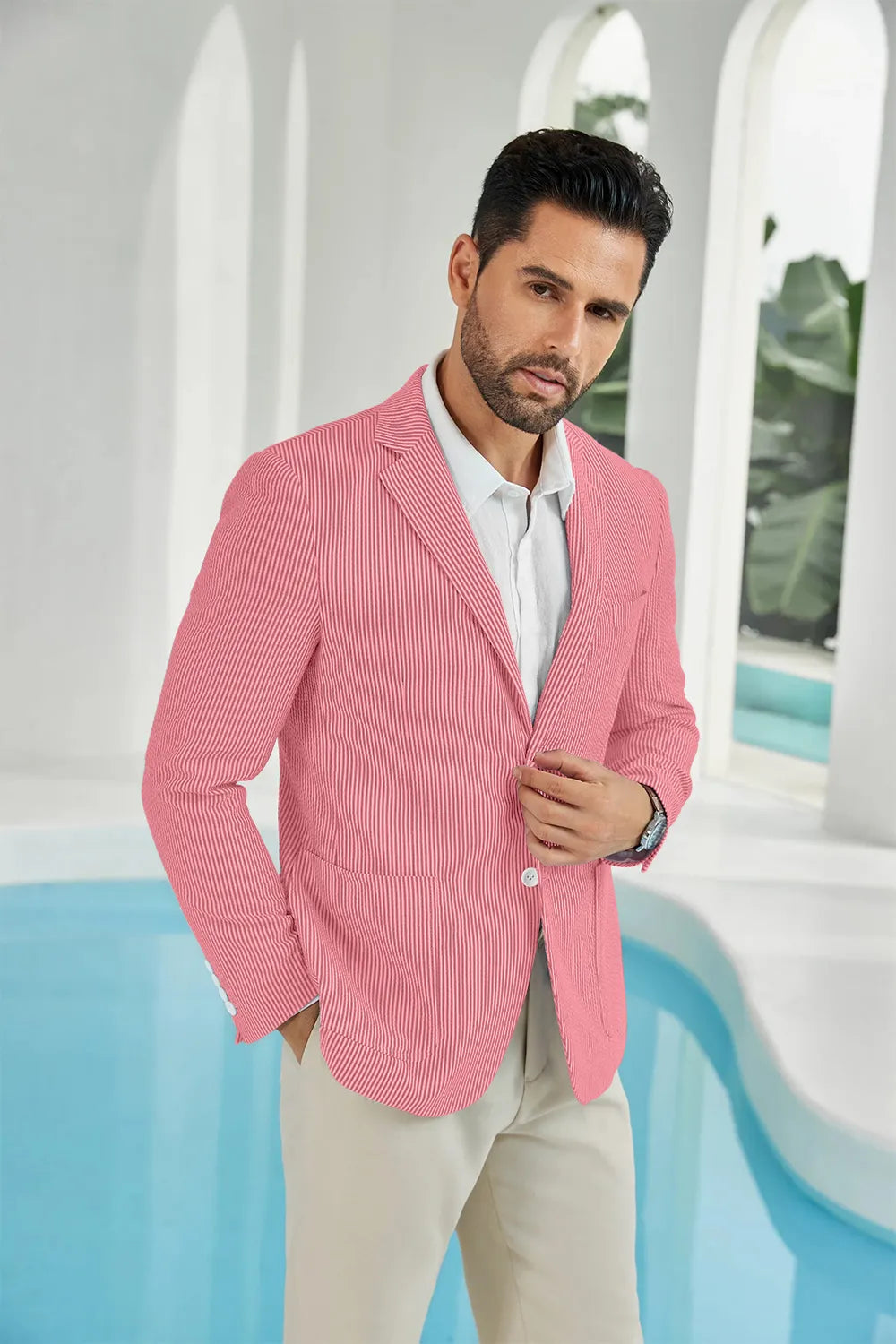 Red-white seersucker striped men's summer blazer