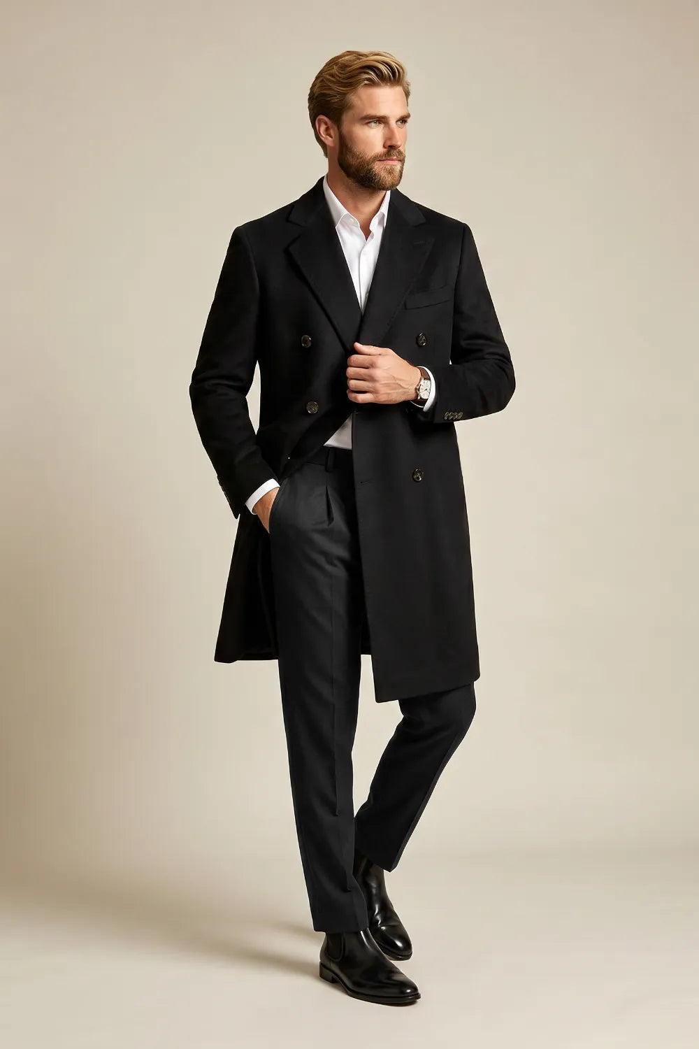 Men's Refined Black Double-Breasted Overcoat