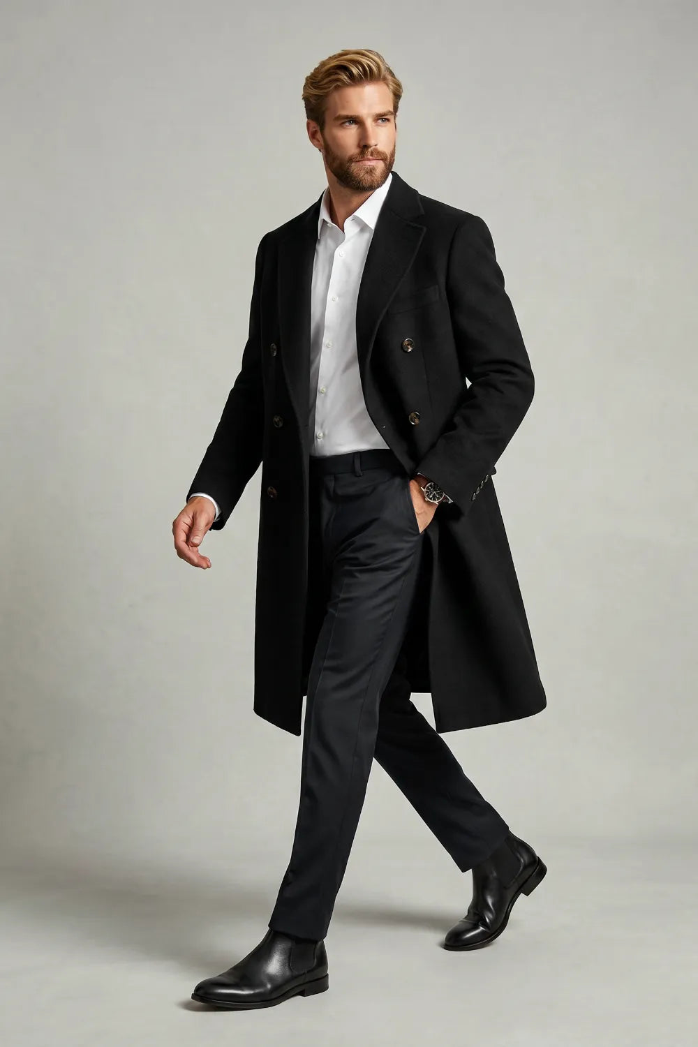 Men's Refined Black Double-Breasted Overcoat