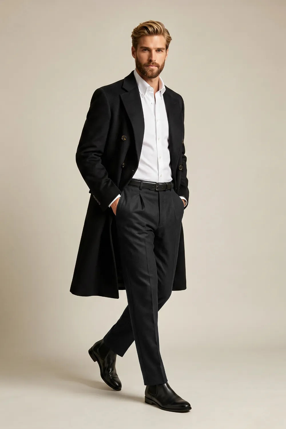 Men's Refined Black Double-Breasted Overcoat