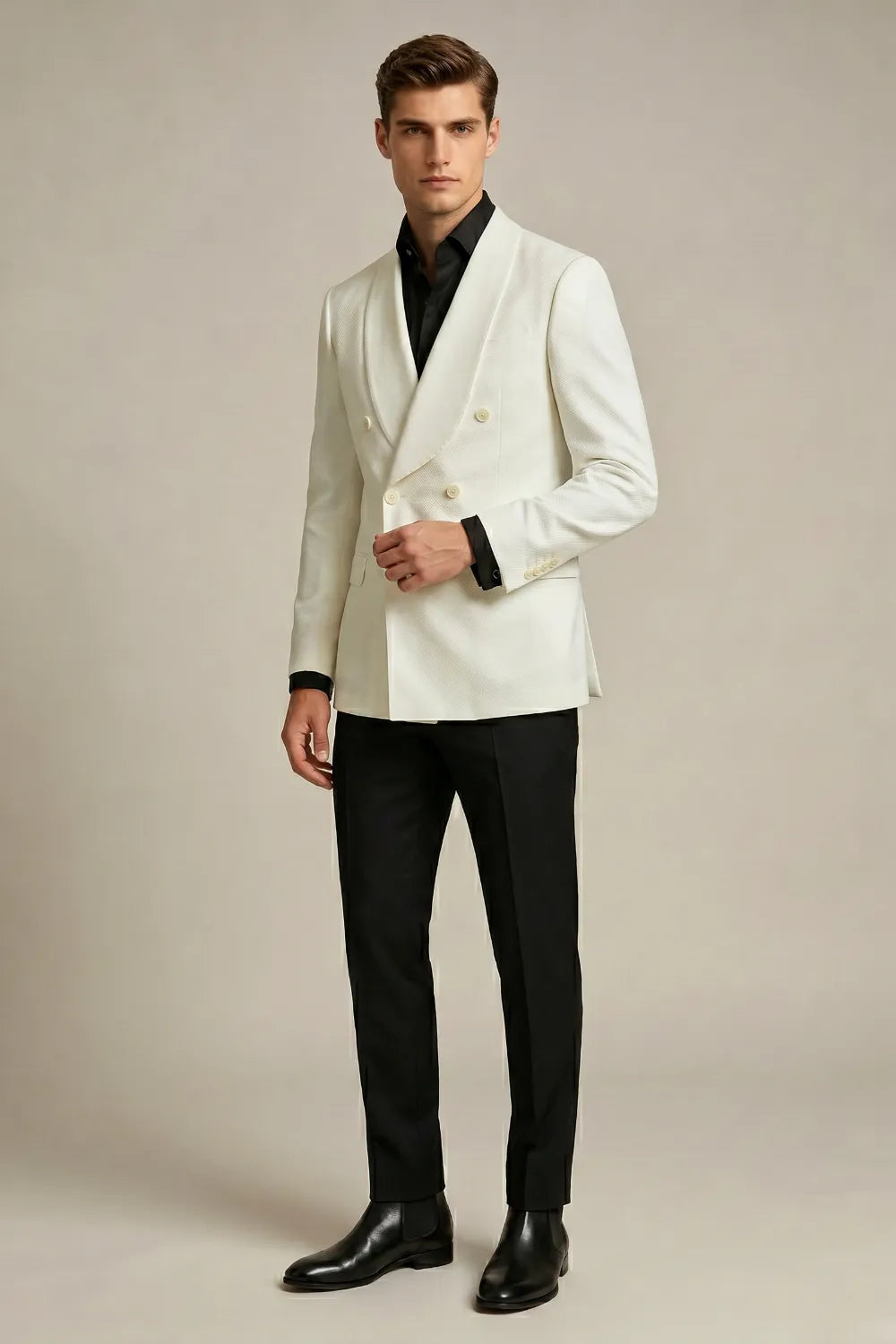 Men's Ivory Double Breasted Jacquard 2-Piece Suit