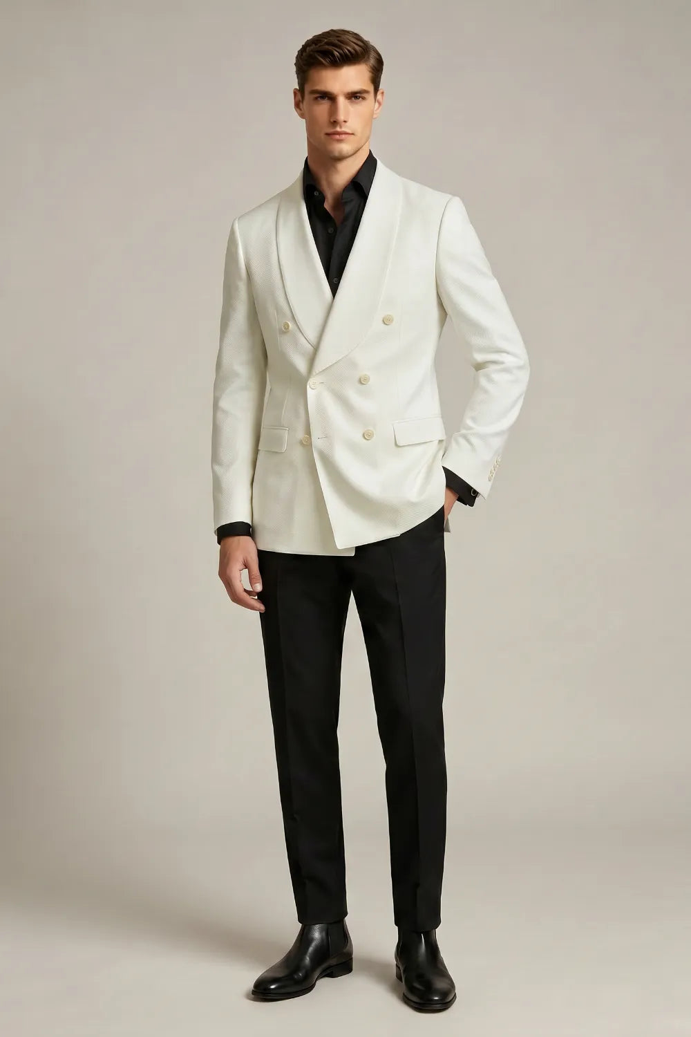 Men's Ivory Double Breasted Jacquard 2-Piece Suit