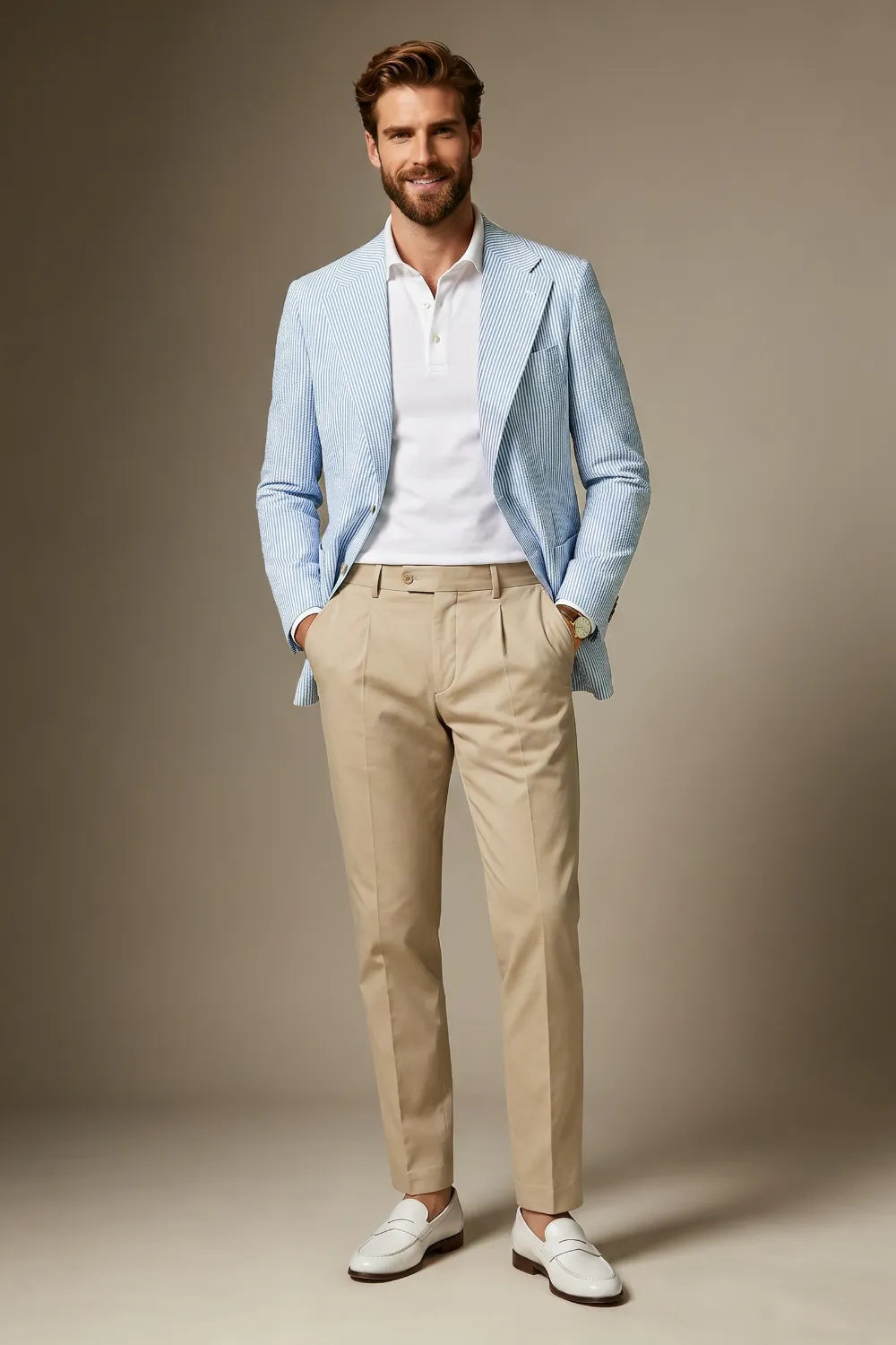 Men's Light Blue Striped Seersucker Notch Lapel 2 Piece Suit