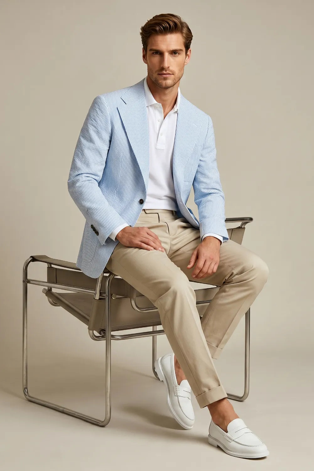 Men's Light Blue Striped Seersucker Notch Lapel 2 Piece Suit