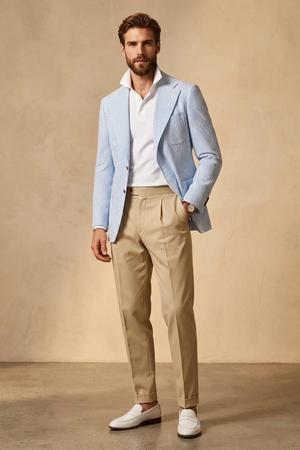 Men's Light Blue Striped Seersucker Notch Lapel 2 Piece Suit
