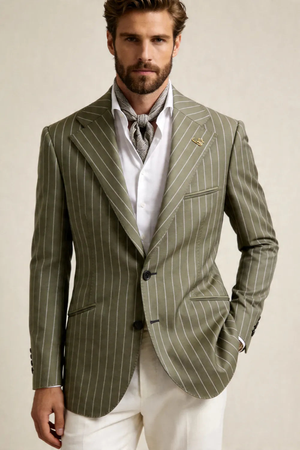 Men's Sage Green Pinstripe Notch Lapel 2 Piece Suit