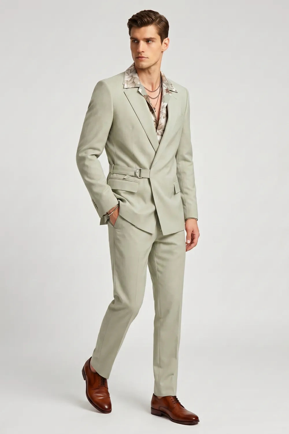 Men's Sage Green Asymmetrical Belted Suit
