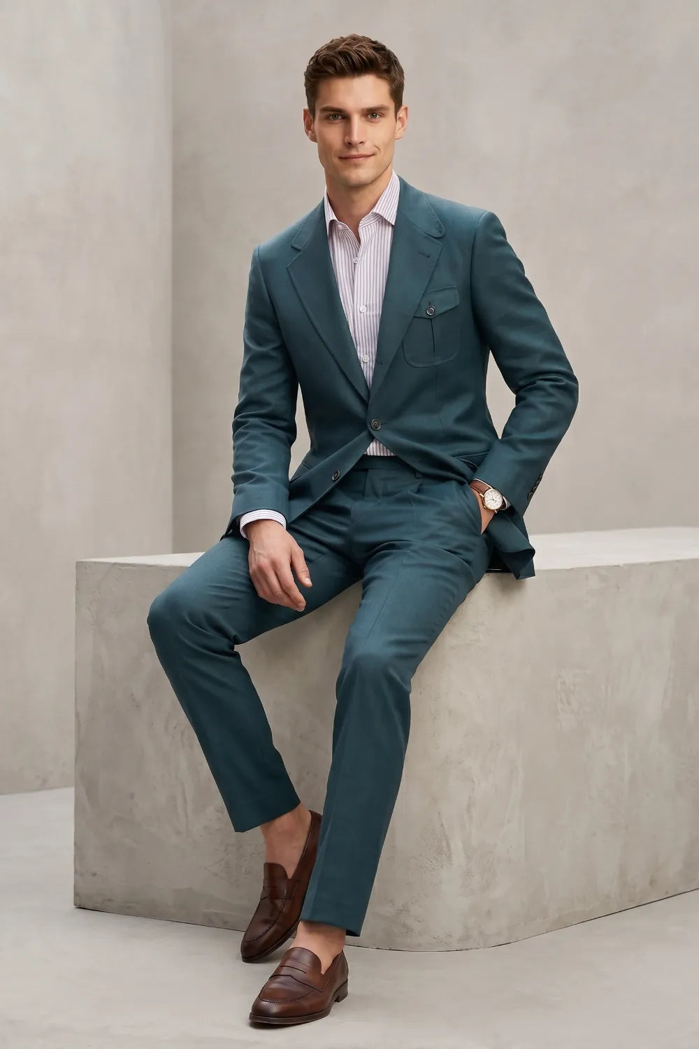 Men's Teal Slim Fit 2-Piece Safari Suit