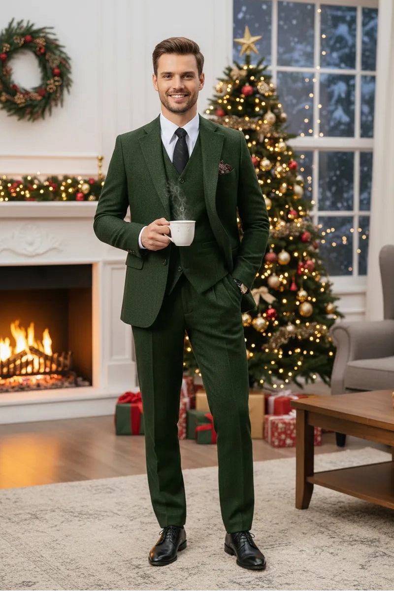 Men's Modern Holiday Tweed Herringbone 3 Piece Suit