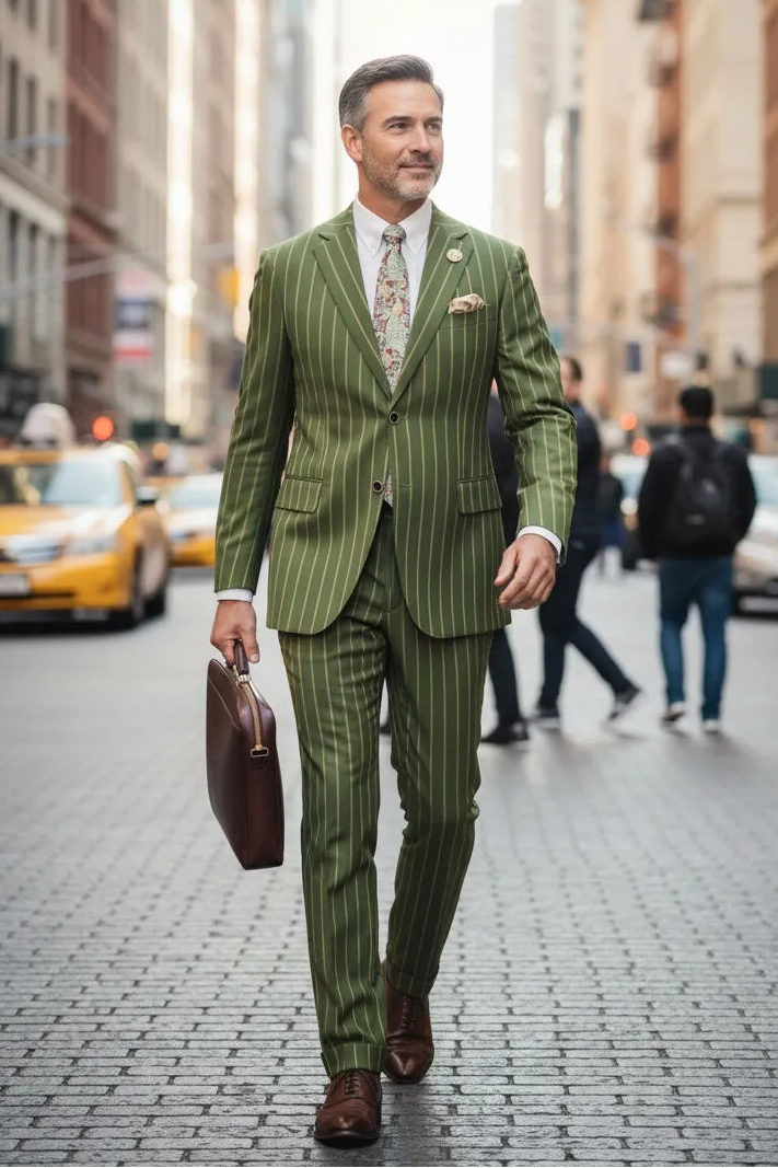 Men's Italian Fit Green Striped 2 Piece Suits