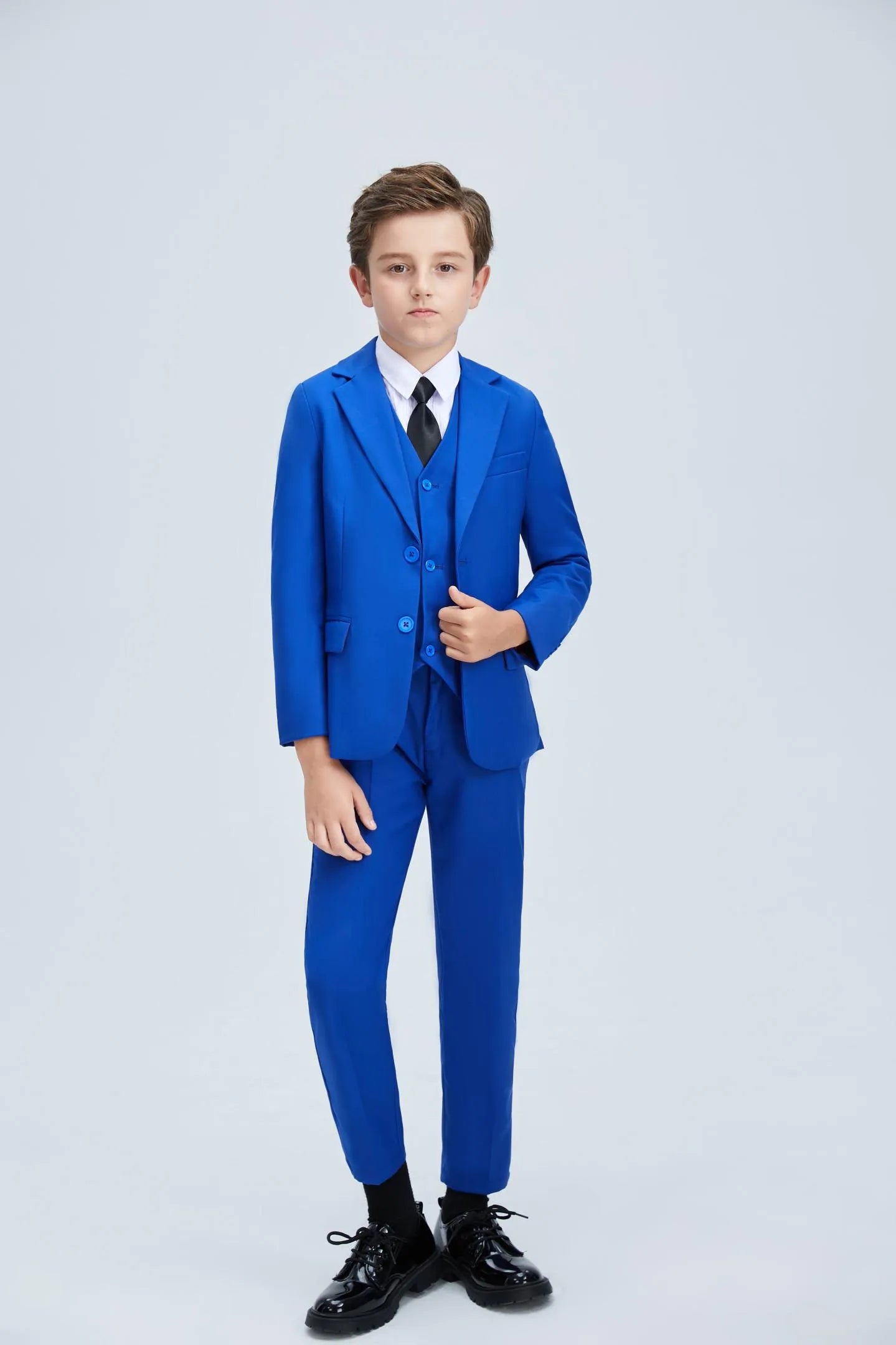 Royal blue boys' prom suit 5-piece set with white shirt and black tie