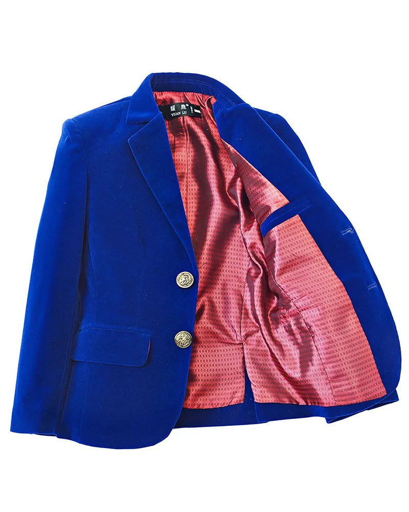 Inside view of royal blue velvet boys blazer with soft red satin lining, ideal for stylish occasions and formal comfort.