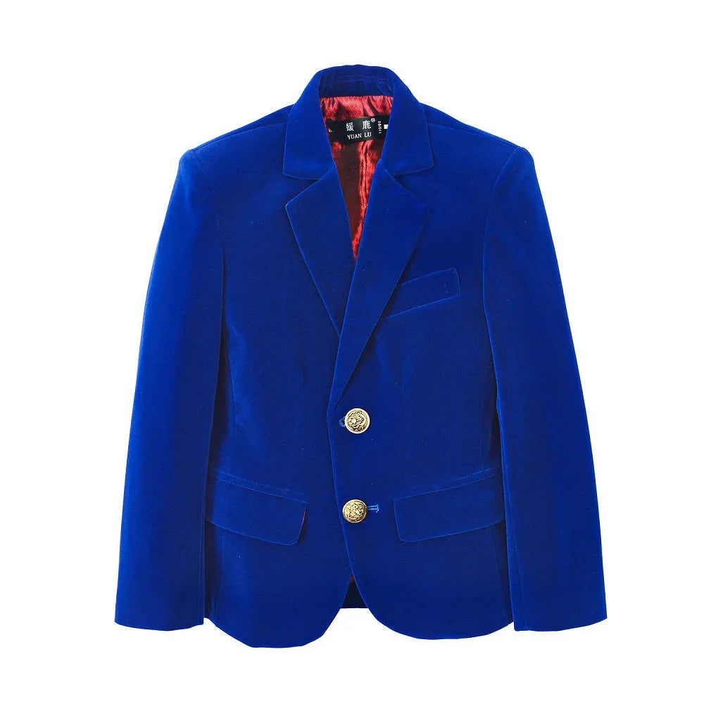 Royal blue boys velvet blazer with gold buttons, showing elegant single-breasted design for formal school and party wear.