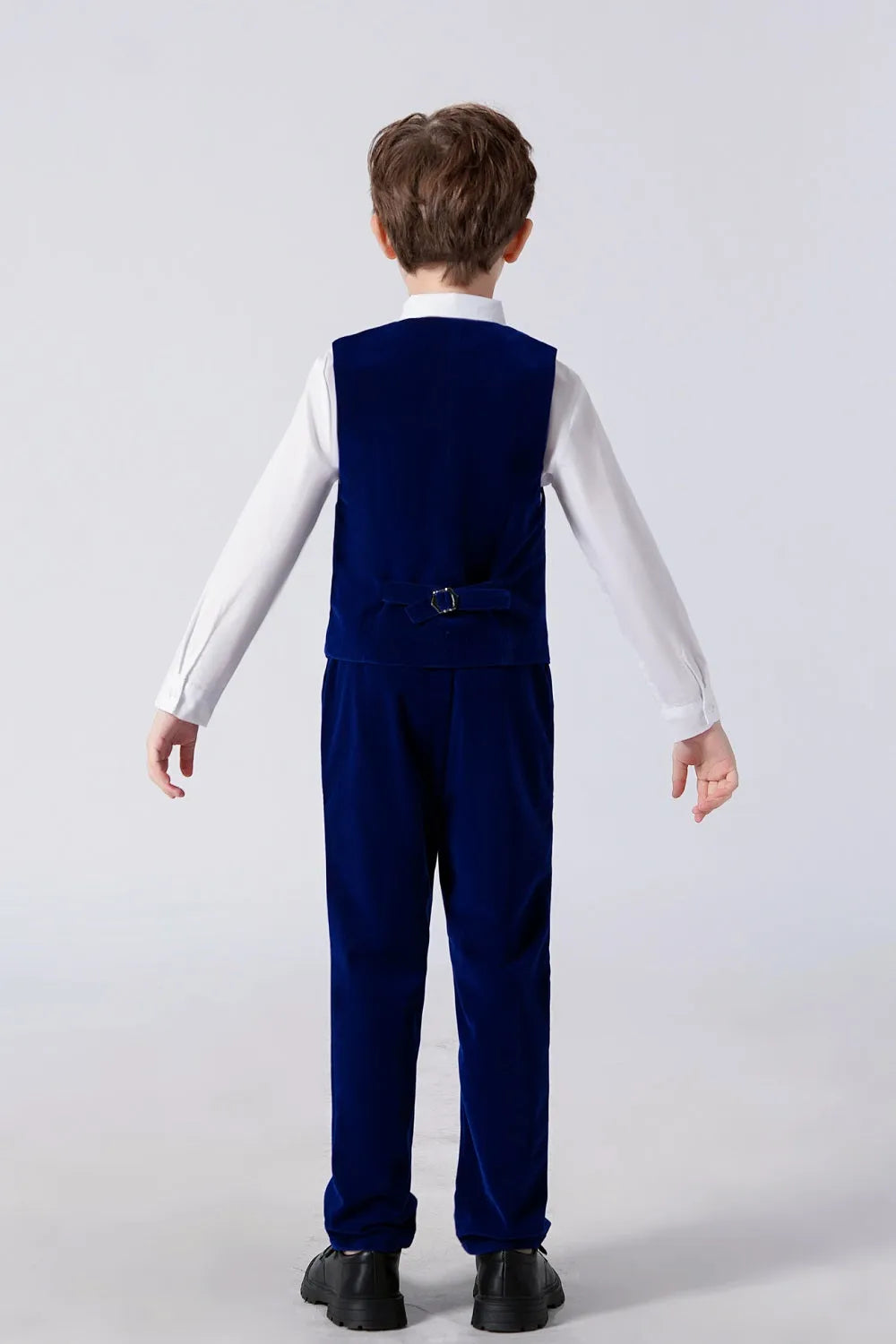 Rear angle of boys' velvet vest and pants – stylish 5-piece tuxedo outfit for special occasions