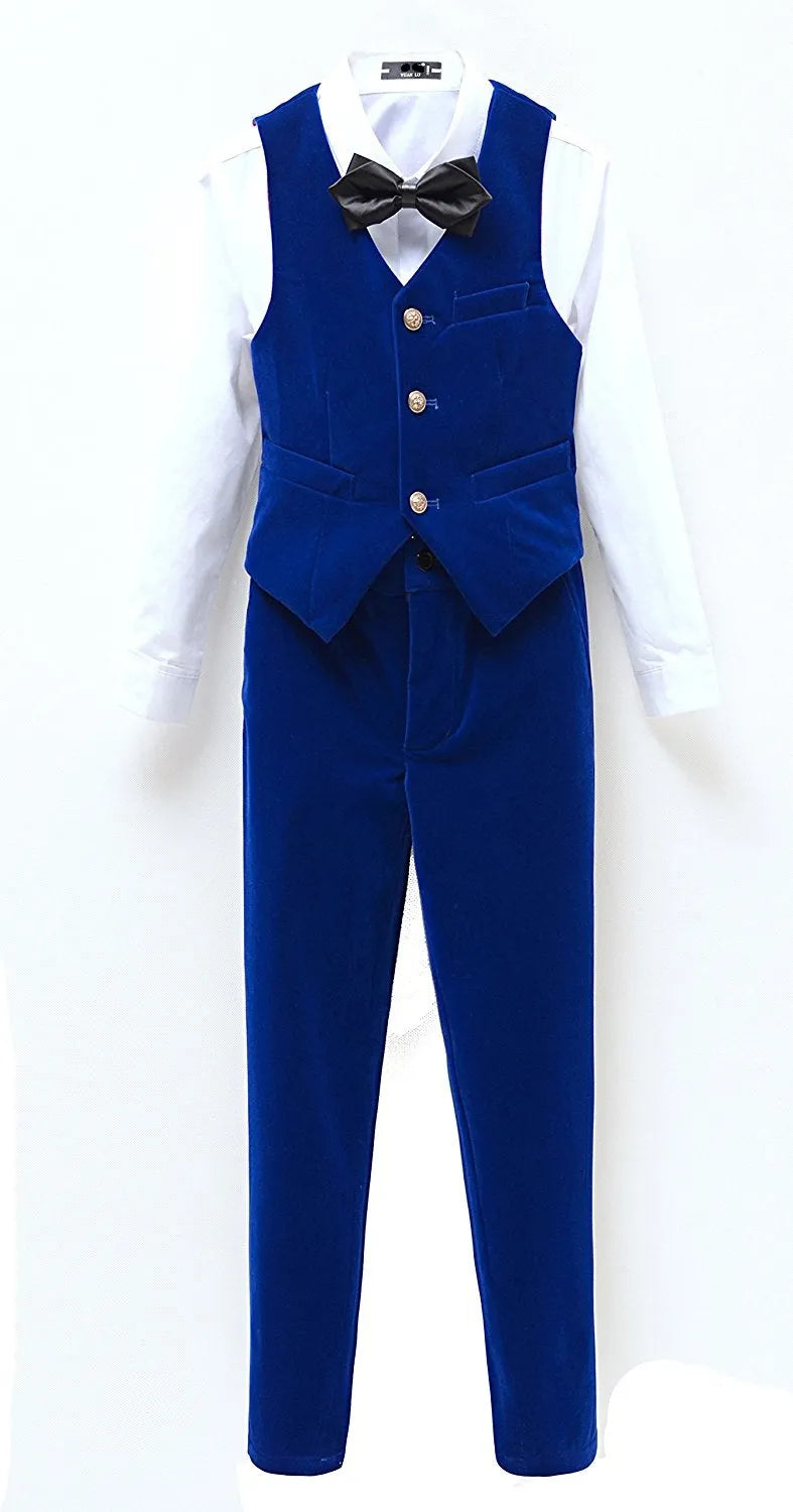 Royal blue velvet vest outfit for boys – dress shirt and bow tie look for school or family events