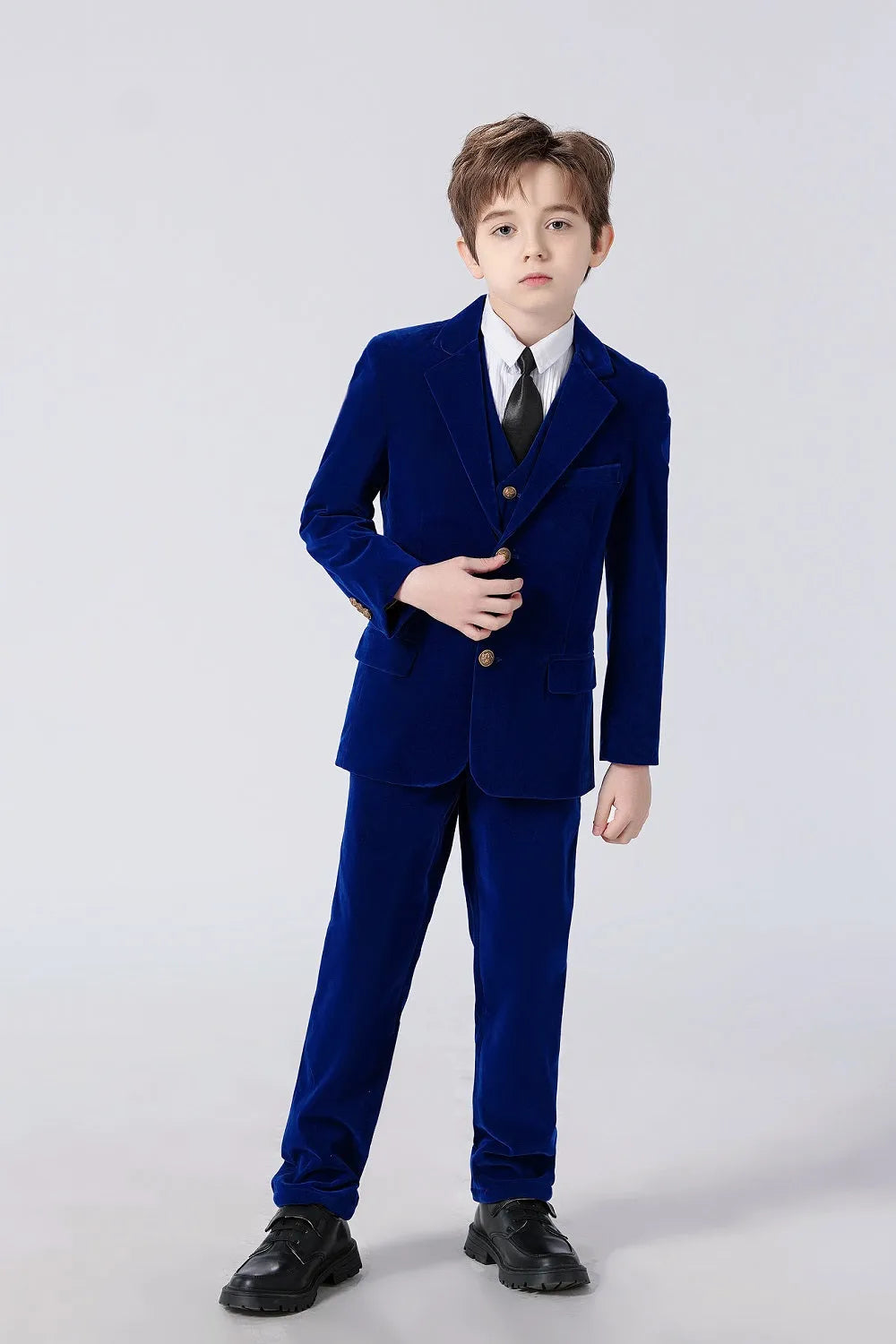 Royal blue velvet suit for boys with blazer, vest, and pants – formal 5 piece outfit for events and weddings