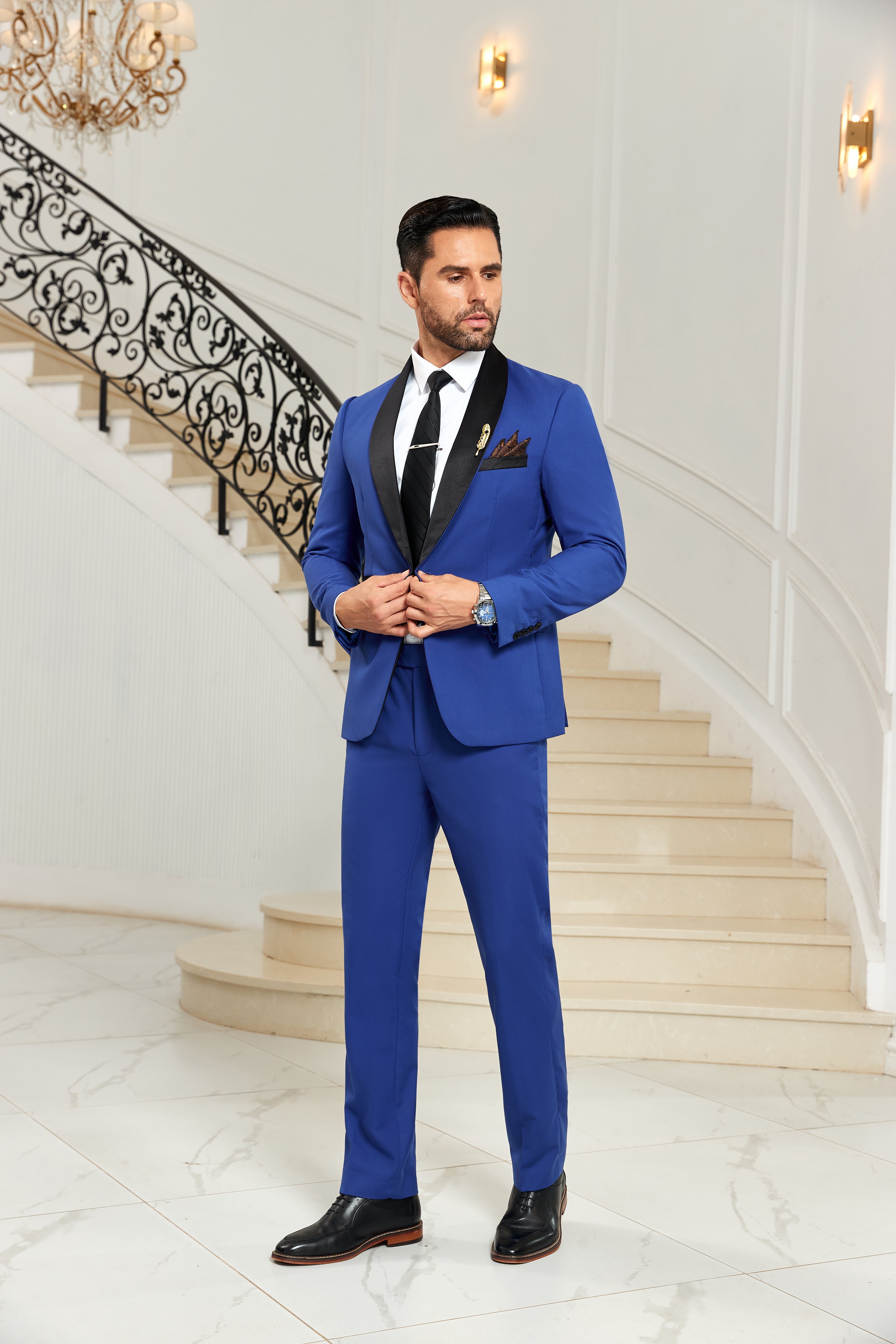Men’s royal blue suit with black lapel and pocket square – formal eveningwear