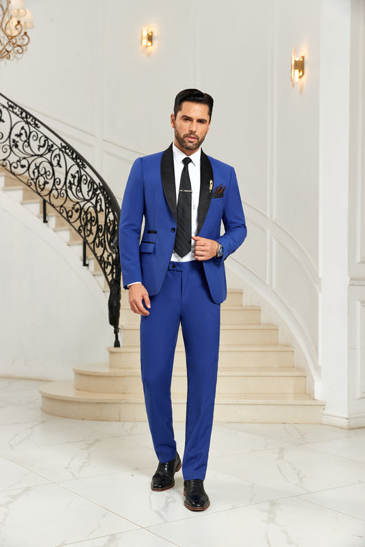 Royal blue tuxedo jacket with black satin lapel – sleek two-piece suit for prom