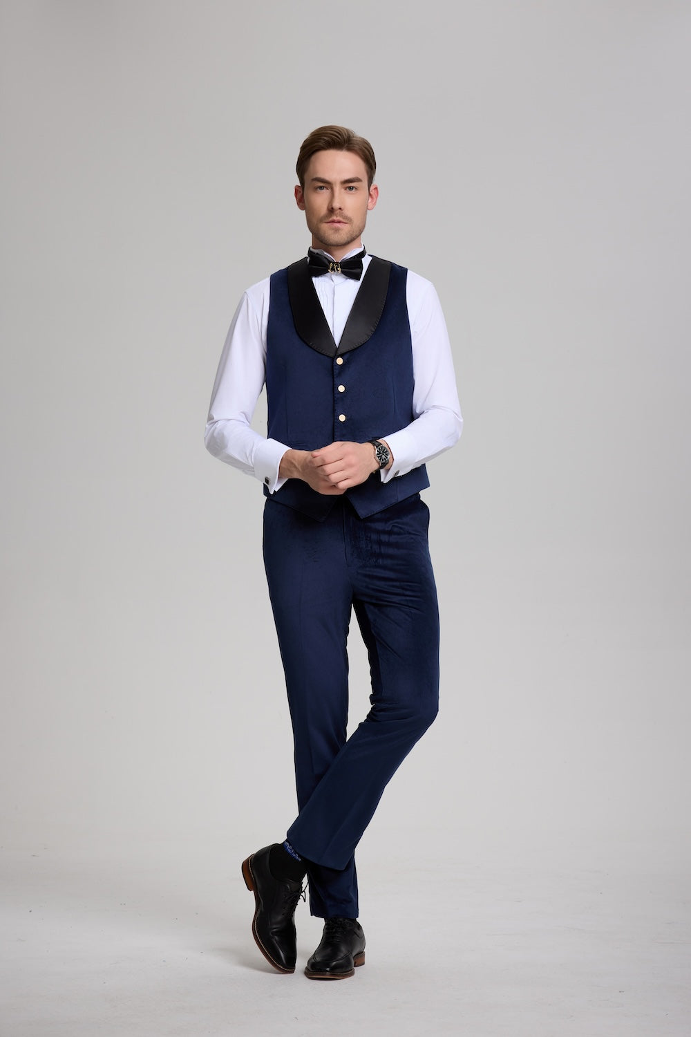 Velvet vest with shawl collar and formal trousers in royal blue, elegant men's 3 piece suit