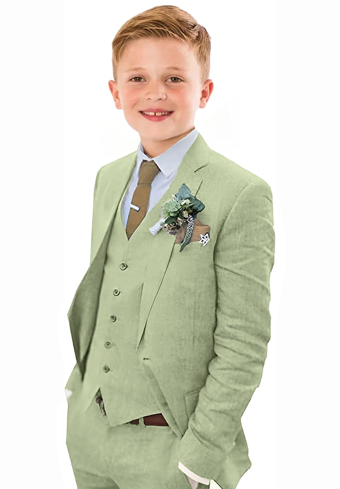 Sage Green 3 piece boys linen suit with vest and jacket – breathable summer wedding outfit