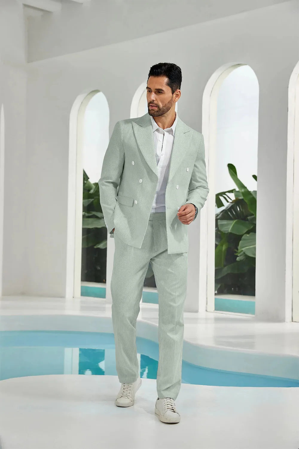 Sage green seersucker double breasted blazer pants 2 piece men's summer suit upgrade version on model