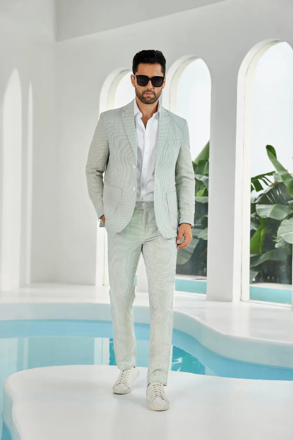 Sage green-white seersucker striped blazer pants 2 piece men's summer suit upgrade version front display