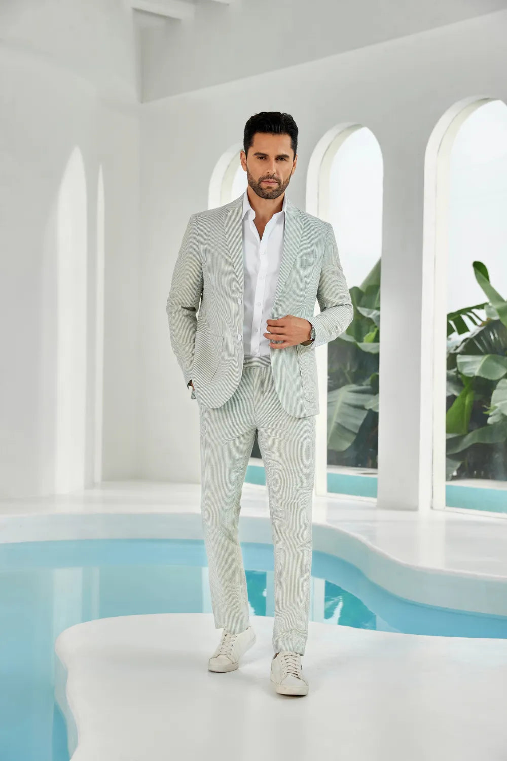 Sage green-white seersucker striped blazer pants 2 piece men's summer suit upgrade version