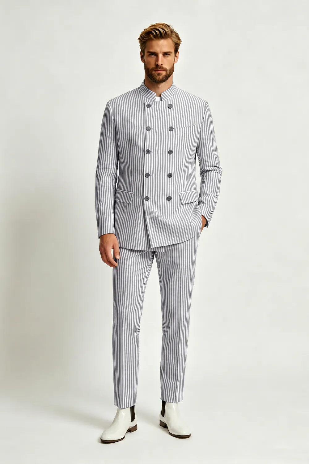 Men's Seersucker Double Breasted 2 Piece Suit