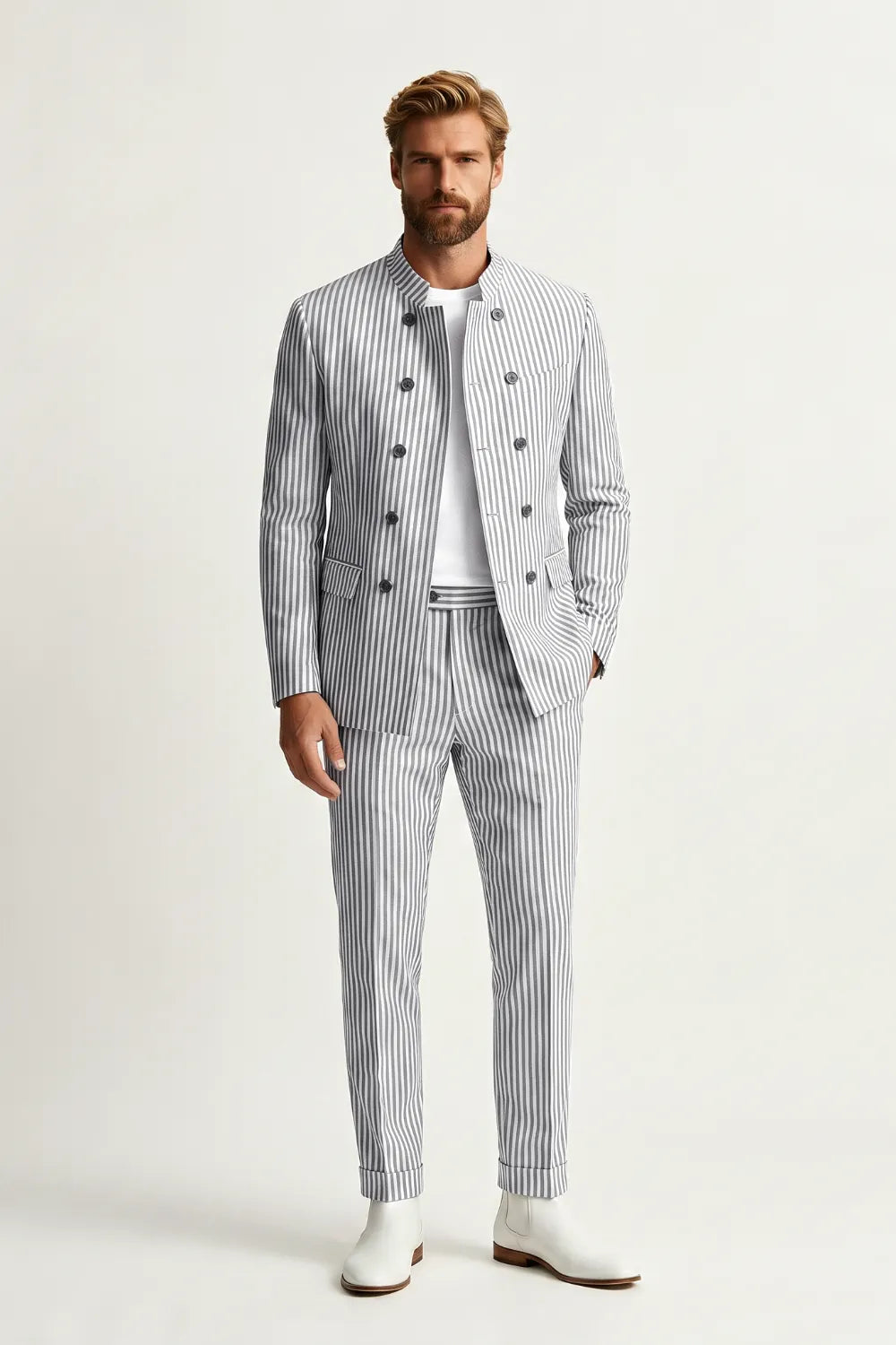 Men's Seersucker Double Breasted 2 Piece Suit