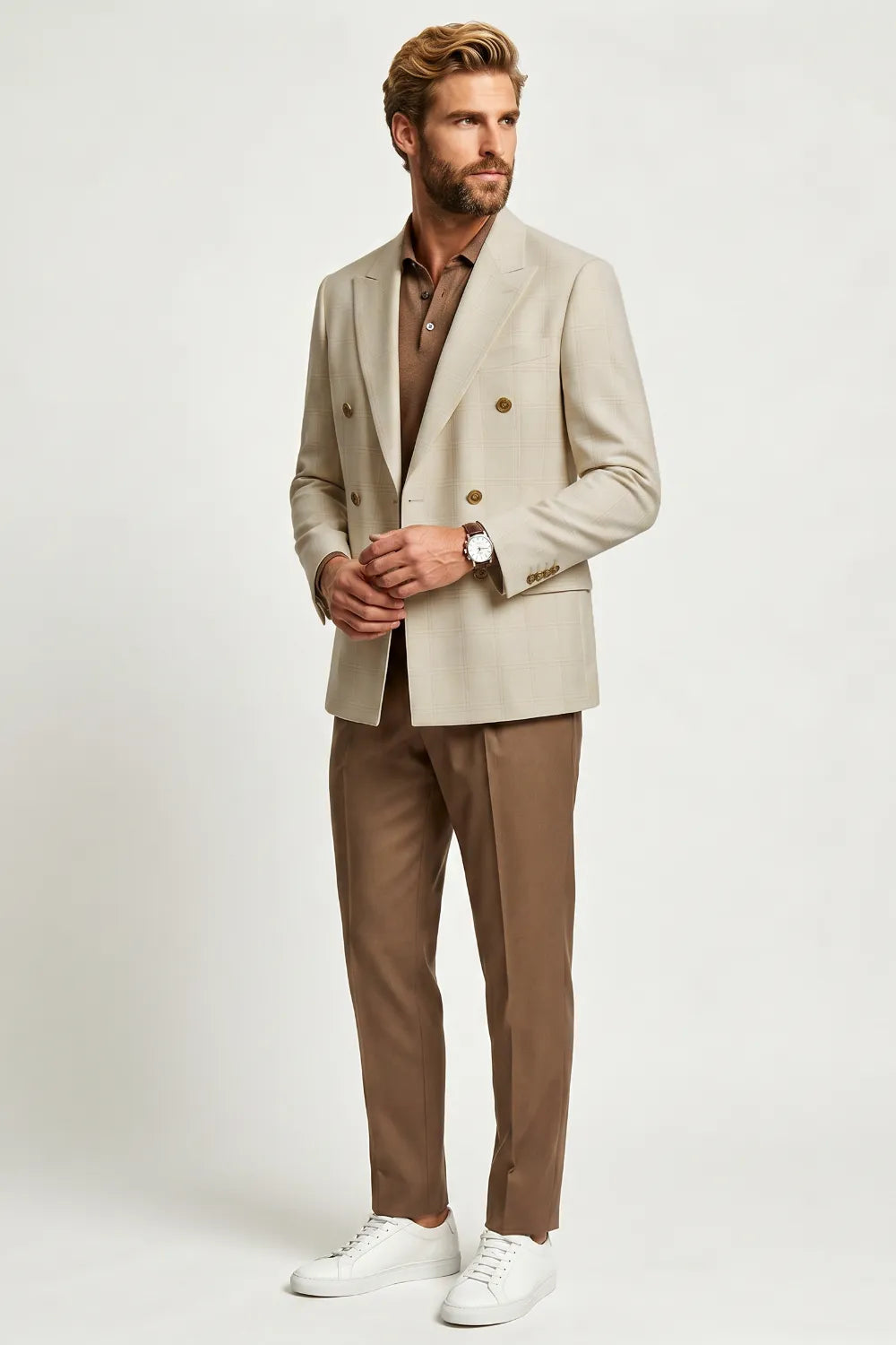 Men's Beige Double Breasted 2 Piece Suit