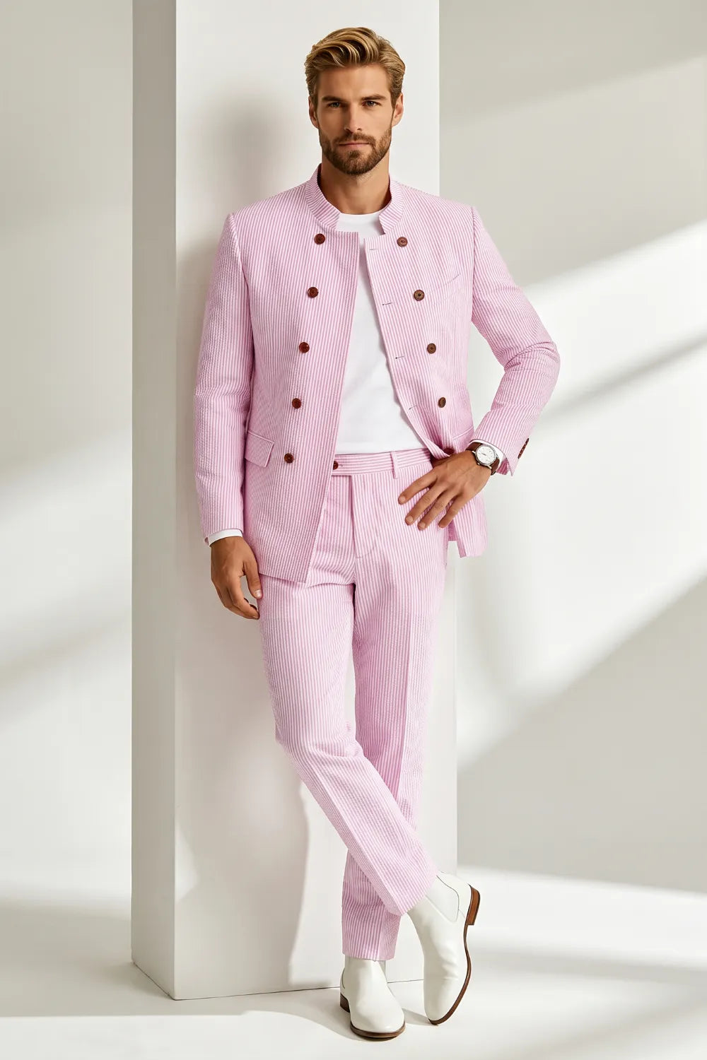 Men's Seersucker Double Breasted 2 Piece Suit