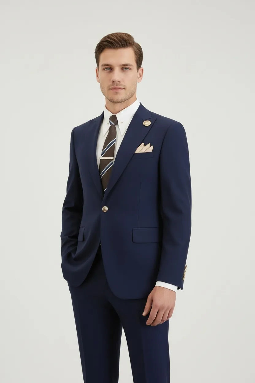 Men's Navy Peak Lapel 2 Piece Suits