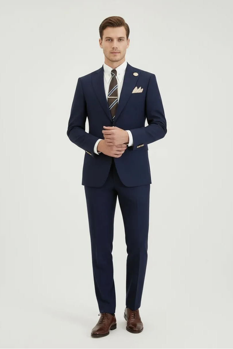 Men's Navy Peak Lapel 2 Piece Suits