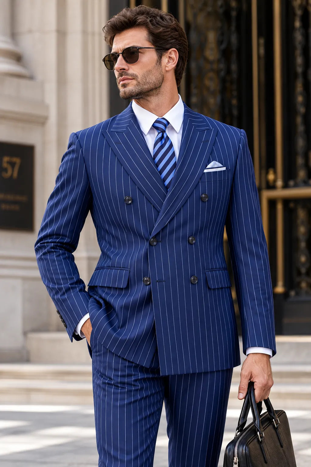 Men's Navy Pinstripe Double Breasted 2 Piece Suit