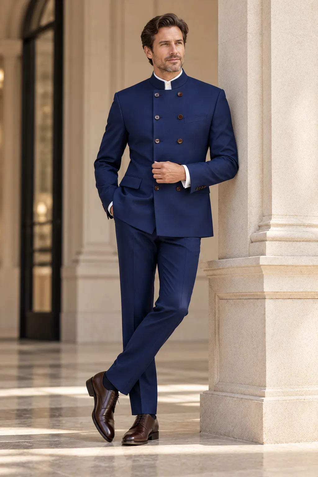 Men's Royal Blue Stand Collar 2 Piece Suits