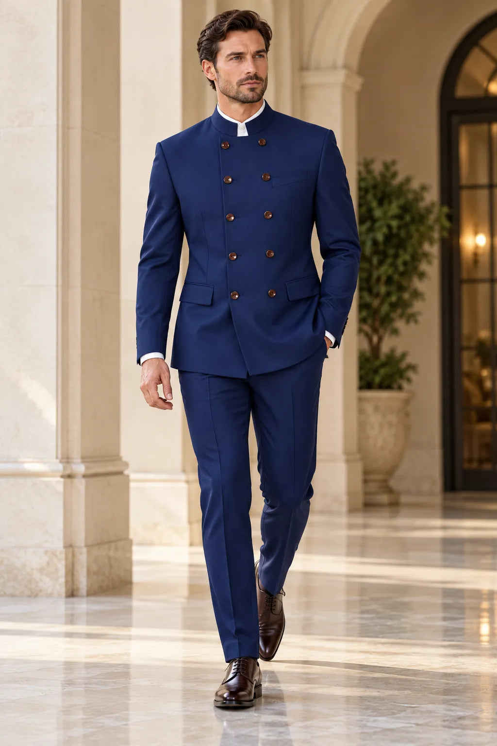 Men's Royal Blue Stand Collar 2 Piece Suits