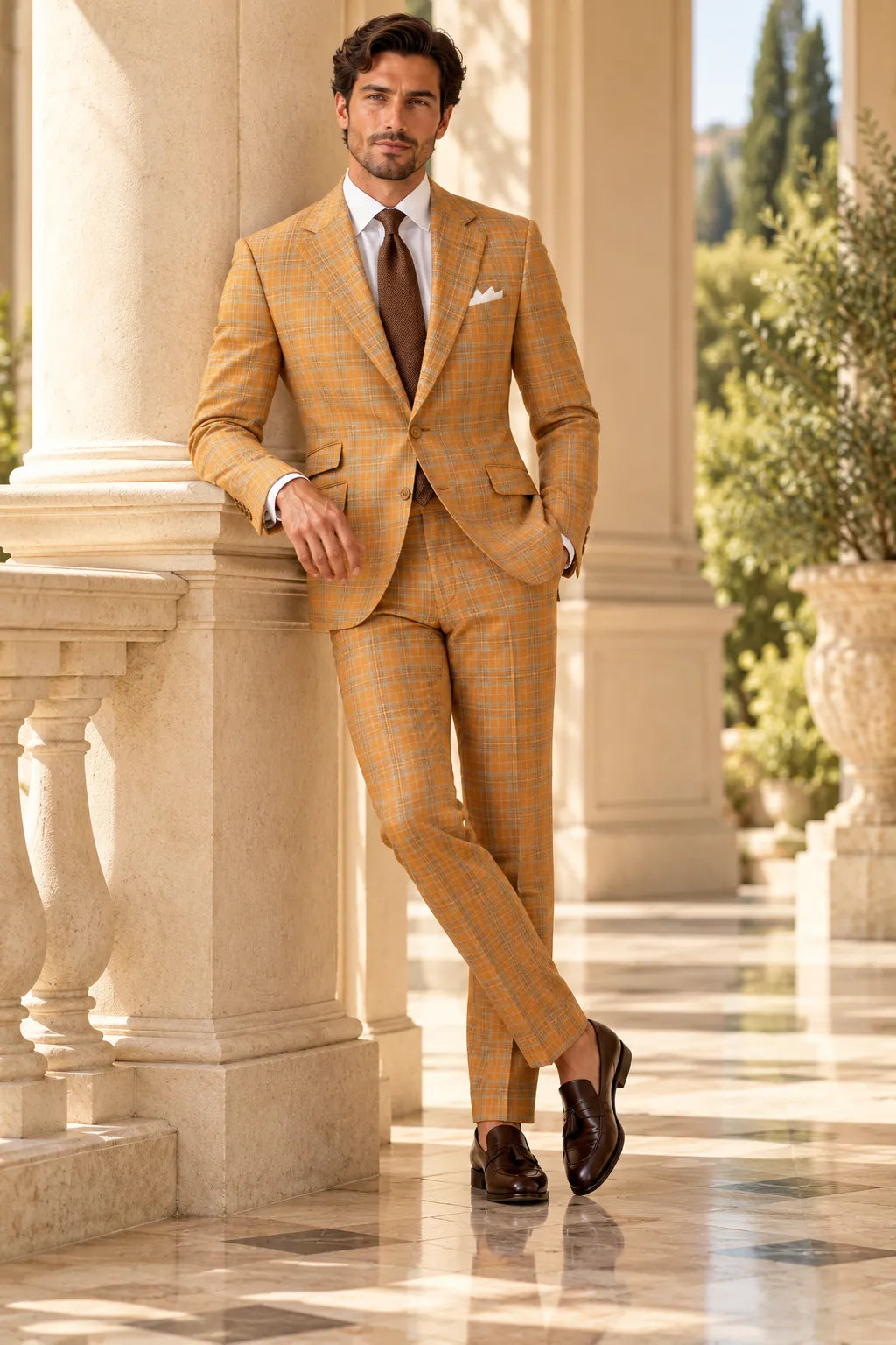 Men's Warm Orange Plaid 2 Piece Suit