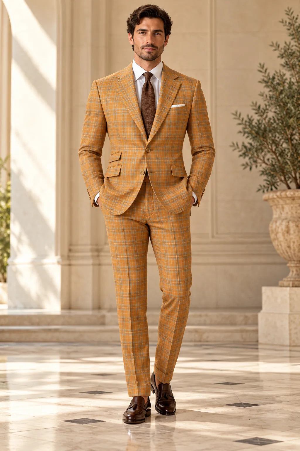Men's Warm Orange Plaid 2 Piece Suit