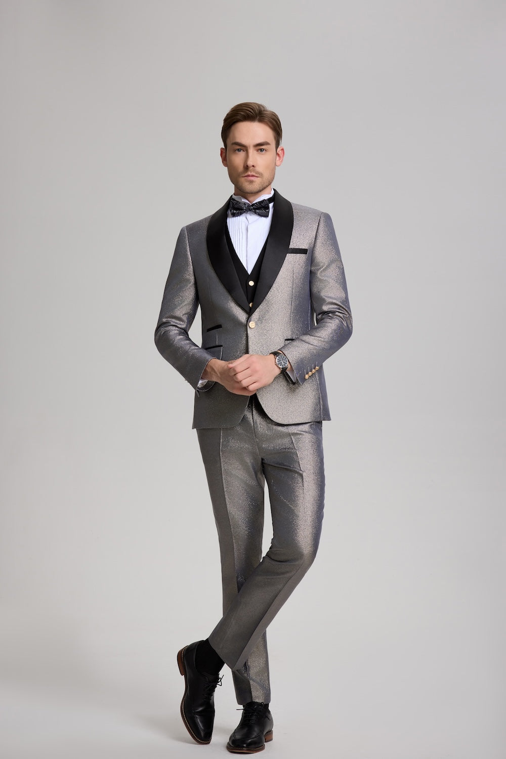 Grey shawl collar 3 piece suit for men with tuxedo blazer, vest, and dress pants