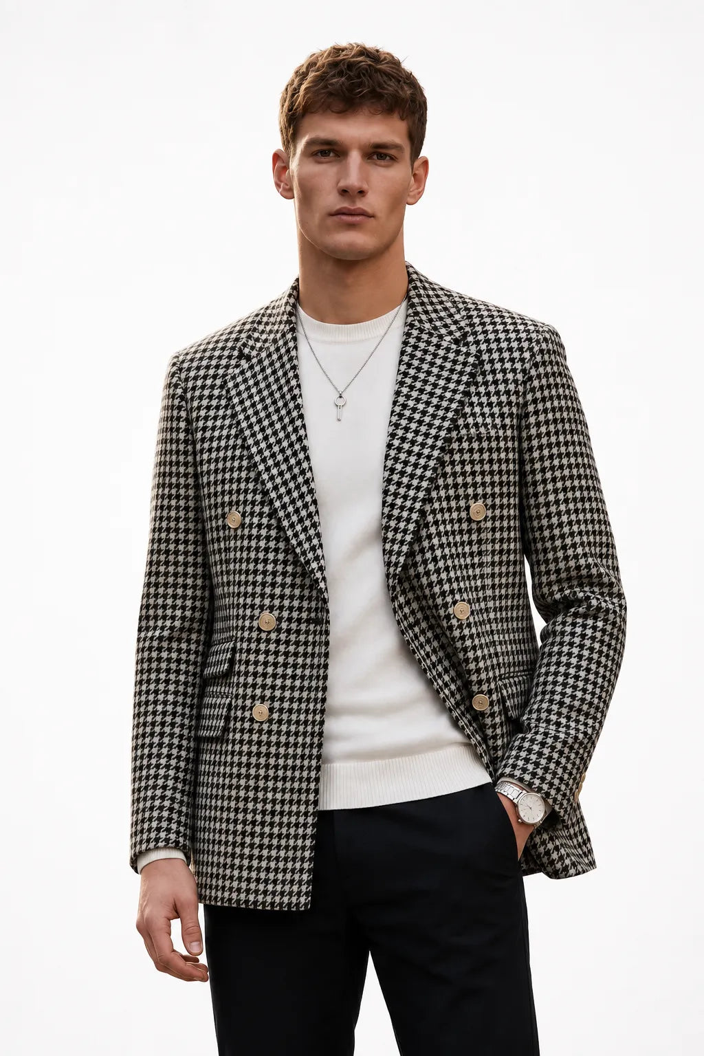 Men's Black Houndstooth Double-Breasted 2 Piece Suit