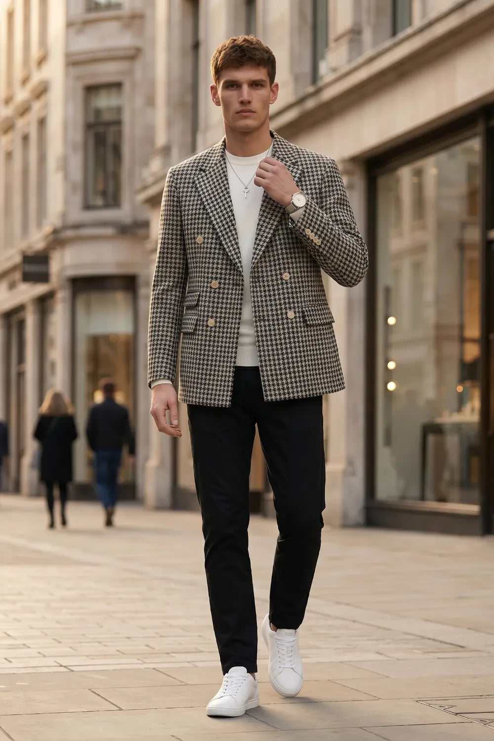 Men's Black Houndstooth Double-Breasted 2 Piece Suit