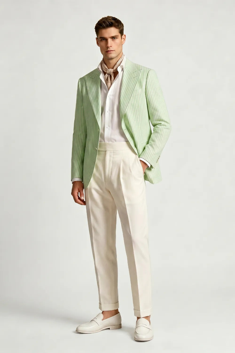 Men's Light Green Striped Peak Lapel Seersucker Blazer