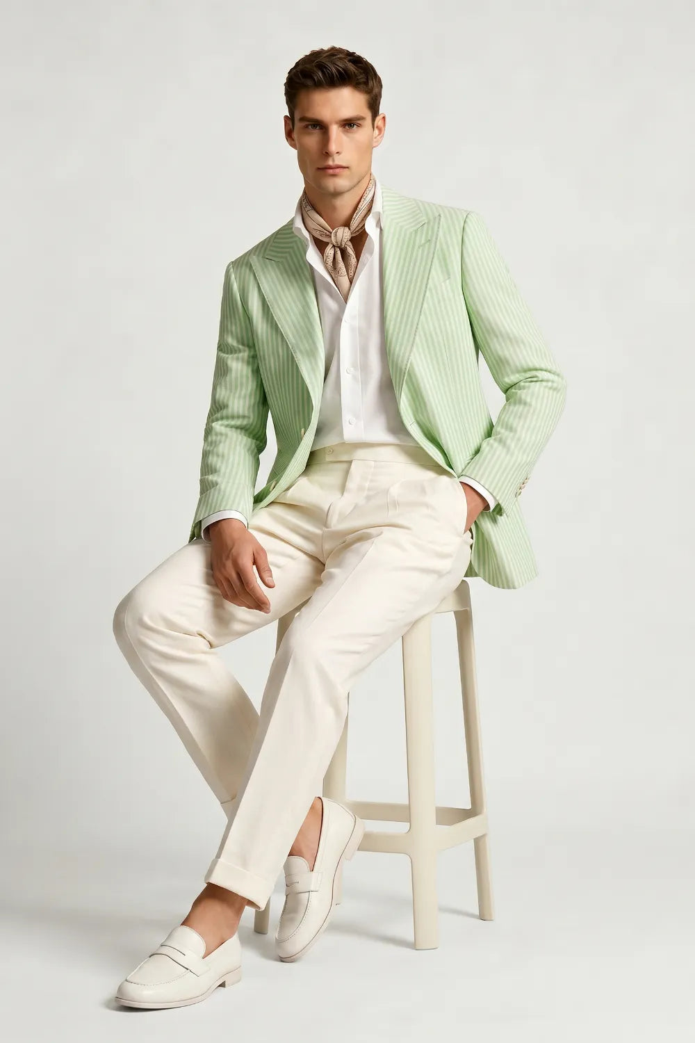 Men's Light Green Striped Peak Lapel Seersucker Blazer