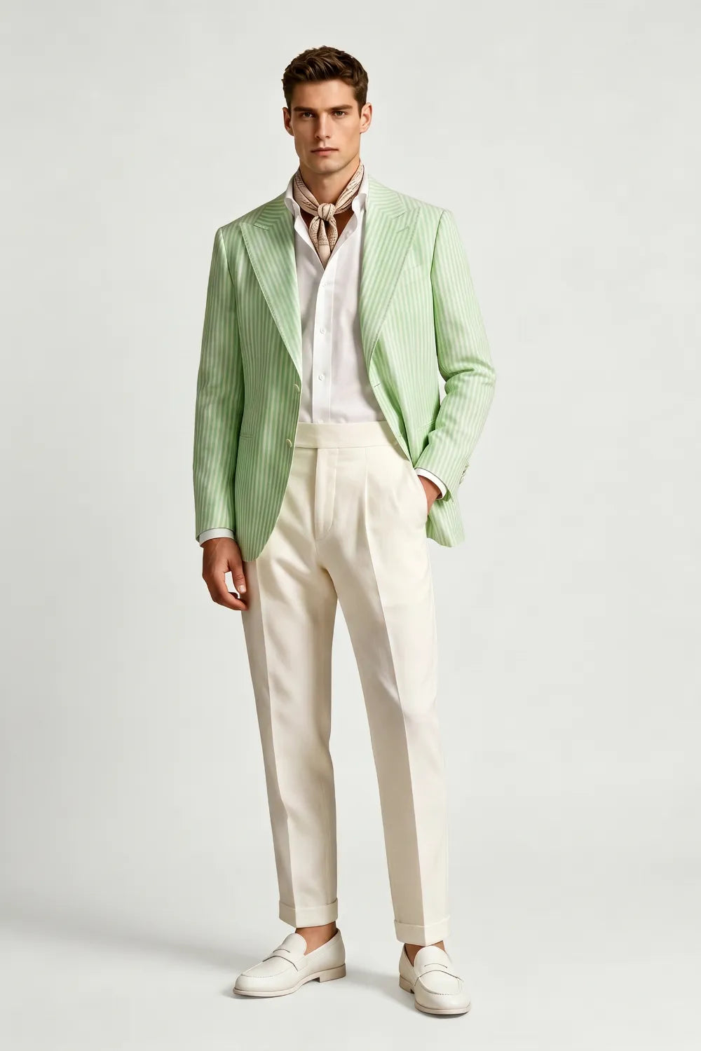 Men's Light Green Striped Peak Lapel Seersucker Blazer