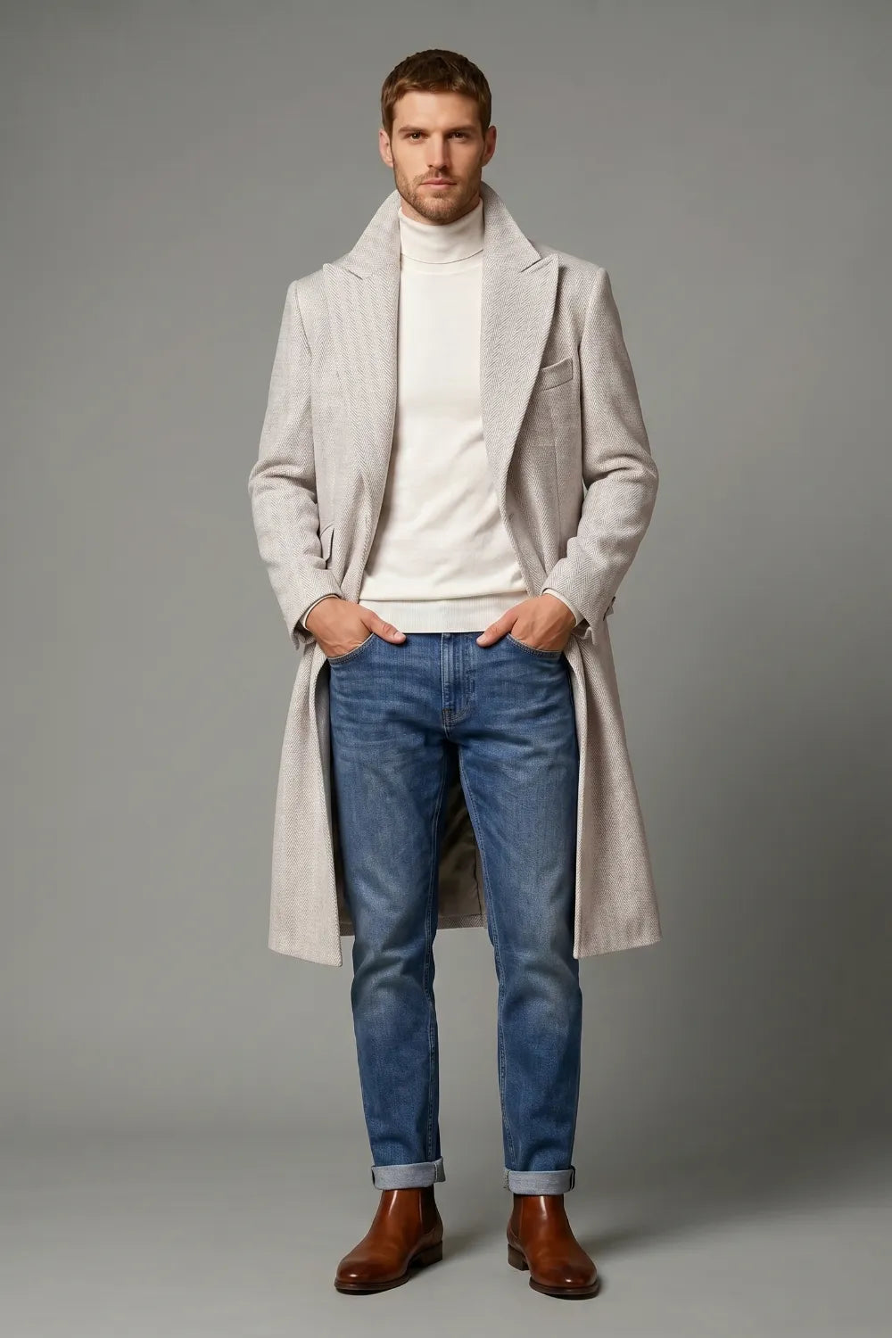 Men's Light Grey Herringbone Wool Blend Overcoat