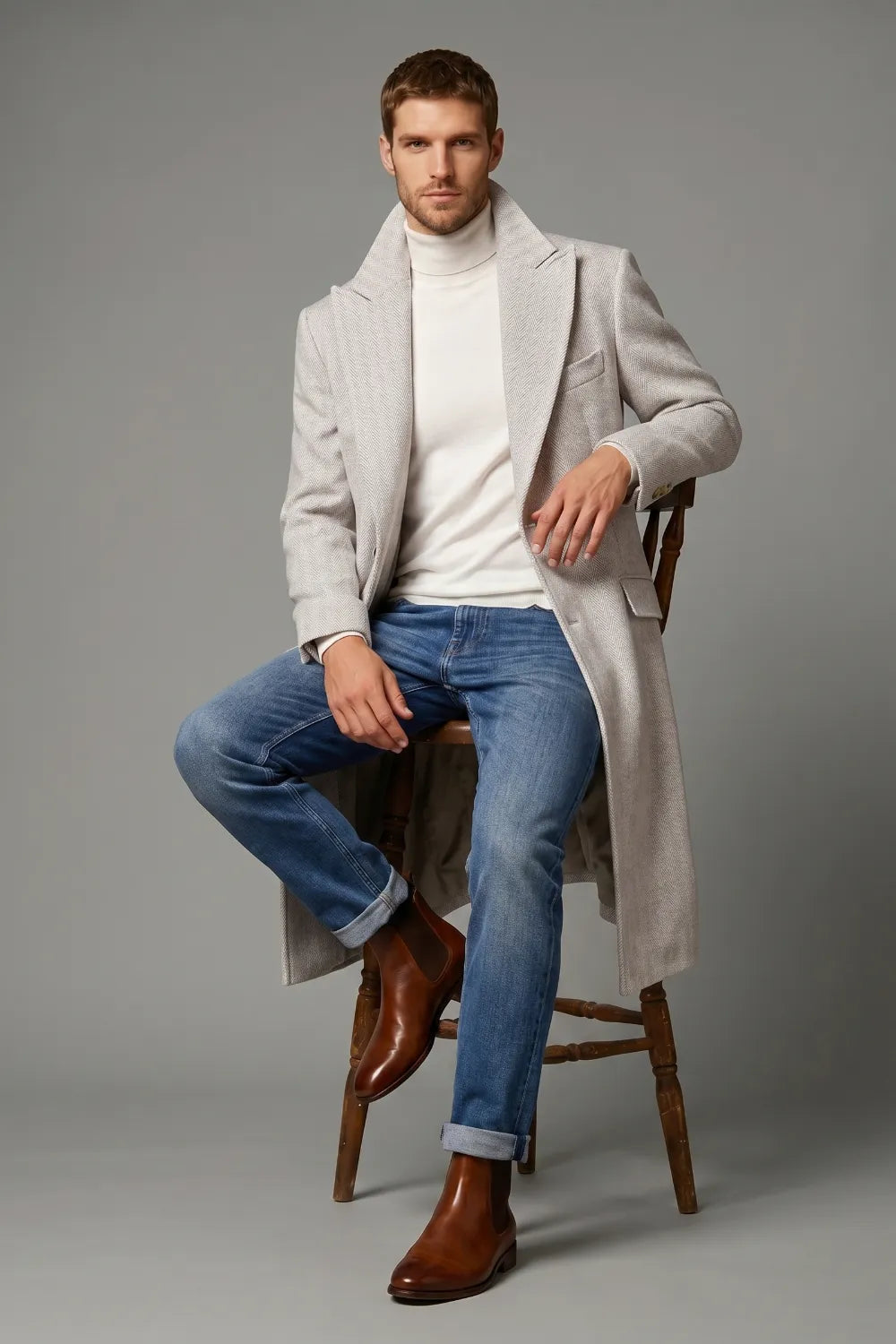 Men's Light Grey Herringbone Wool Blend Overcoat